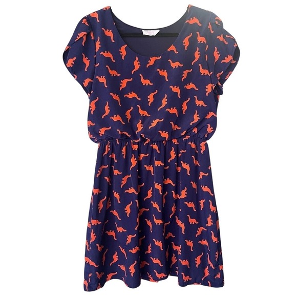 MODCLOTH Peach Love short sleeve elastic waist dress casual blue orange Dinos XL - Picture 2 of 4